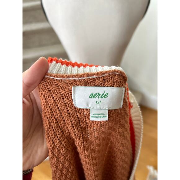 Aerie Burnt Orange Brown Waffle Oversize Varsity Stripe Cardigan - Picture 6 of 7